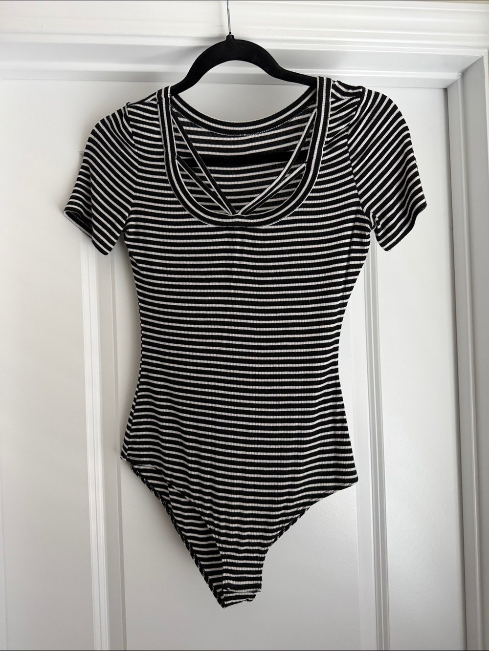 Striped Black & White Short-Sleeve Bodysuit - Women